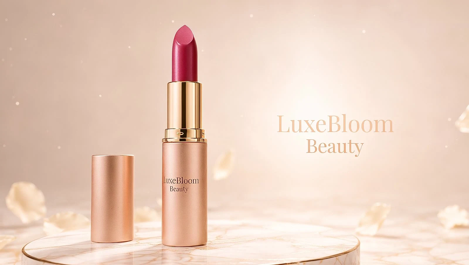 A rose-gold LuxeBloom lipstick on a marble podium against a soft cream background.