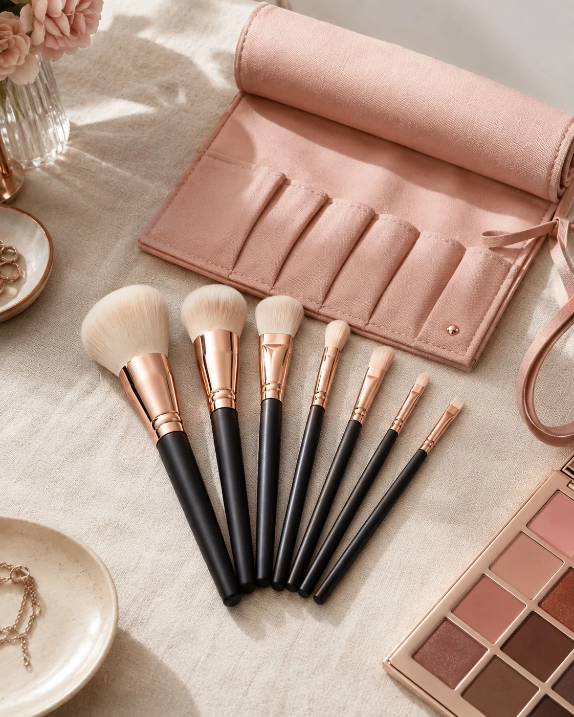 The LuxeBloom Beauty brush set fanned out beside its case