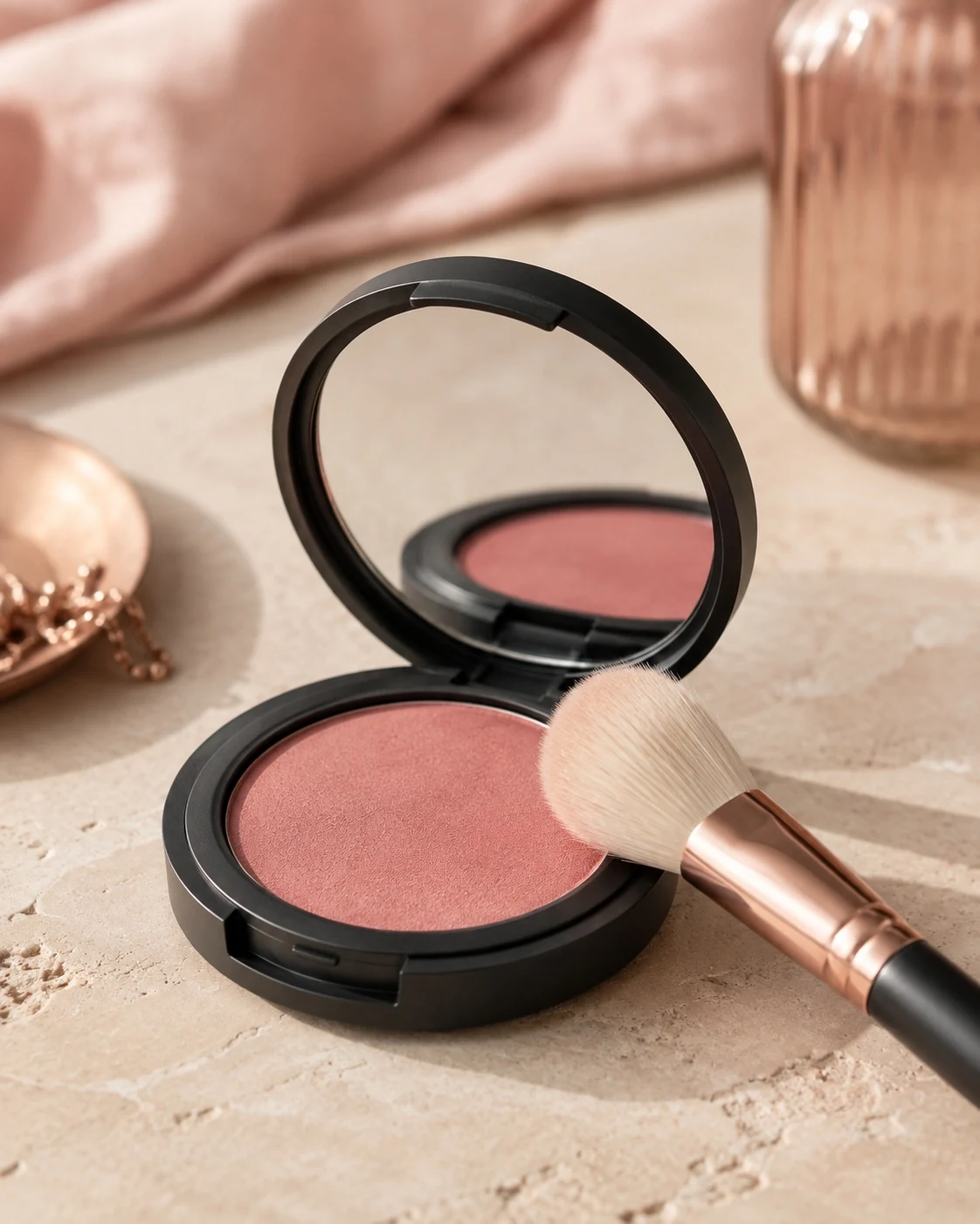 A LuxeBloom Beauty powder blush compact, open