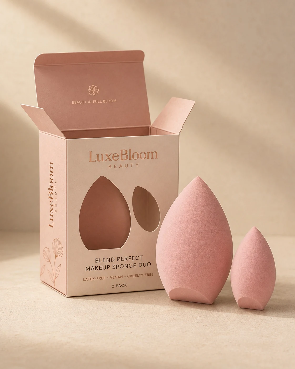 The two Blend Perfect sponges beside their ventilated box, upright, front view on a pale sand background.