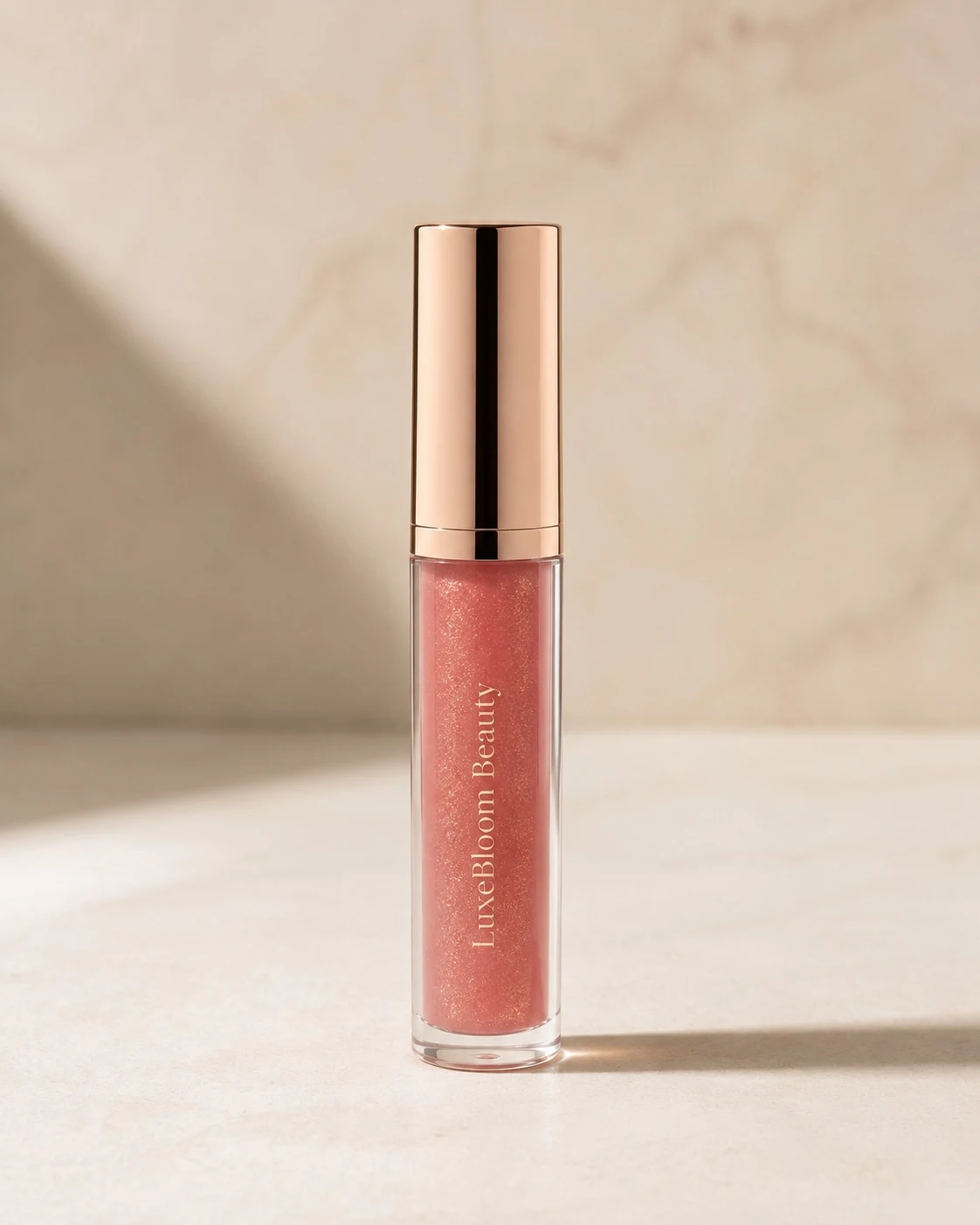 A clear tube of Bloom Shine Lip Gloss, upright, front view on a pale sand background.