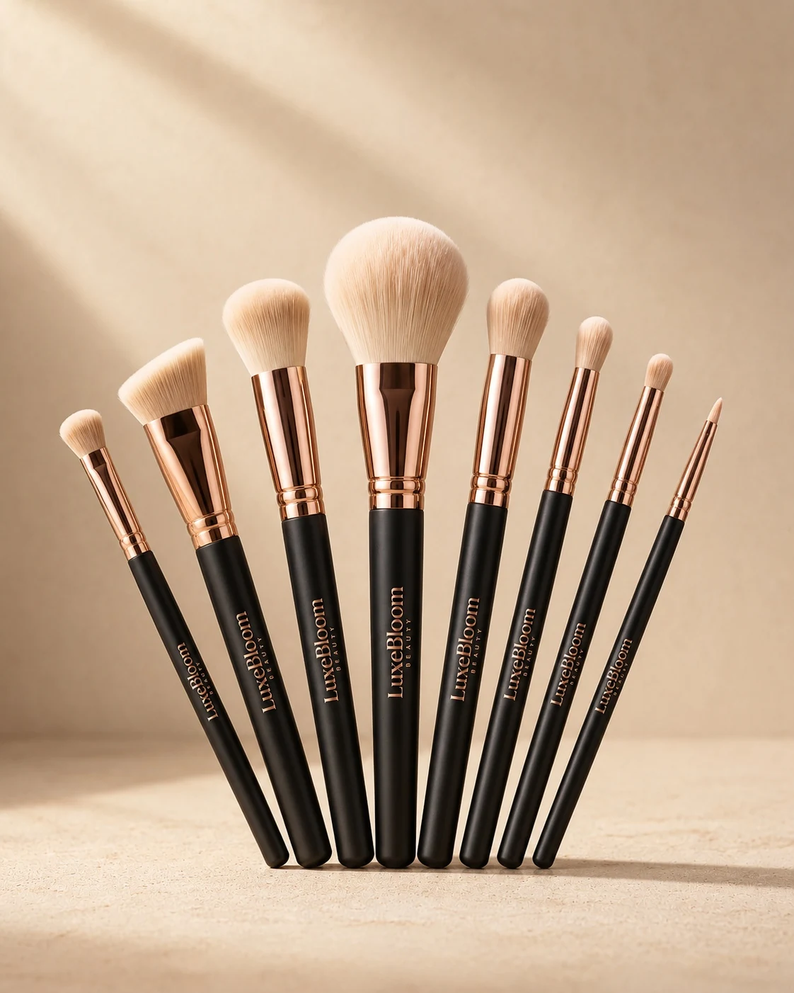 The eight-piece Essential Brush Set fanned out beside its case, upright, front view on a pale sand background.