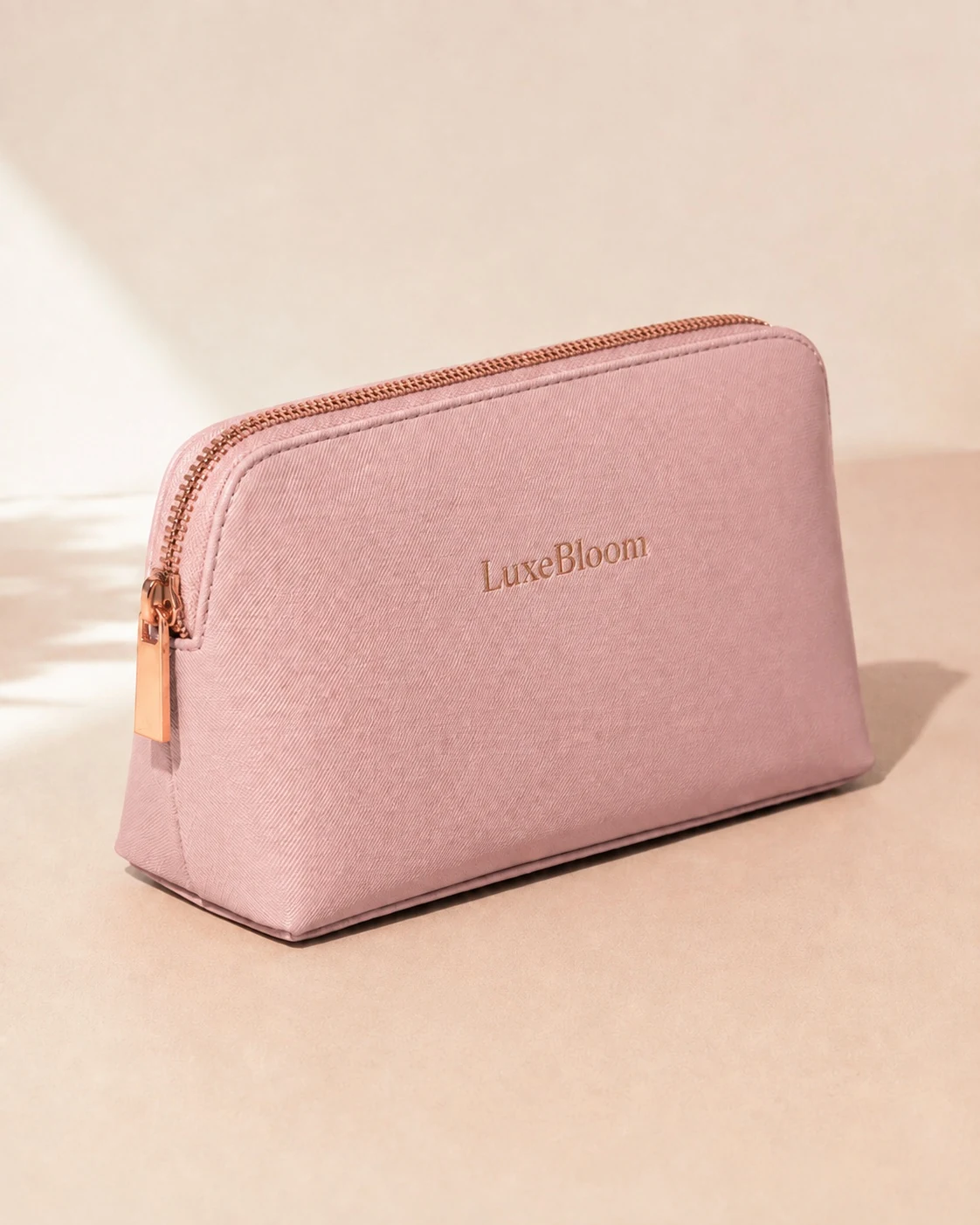 The Everyday Makeup Bag standing closed, upright, front view on a pale sand background.