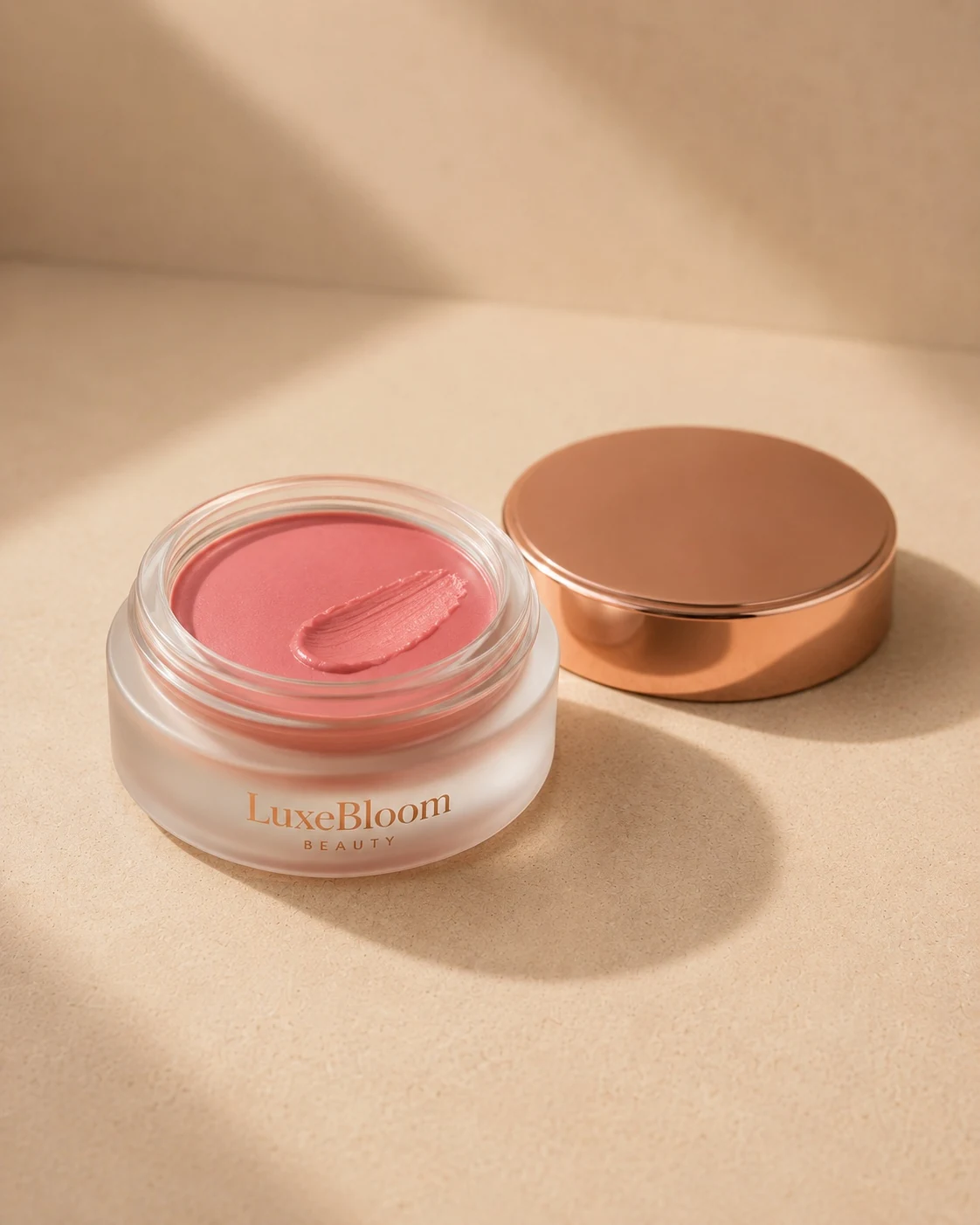 An open pot of Luminous Cream Blush, upright, front view on a pale sand background.