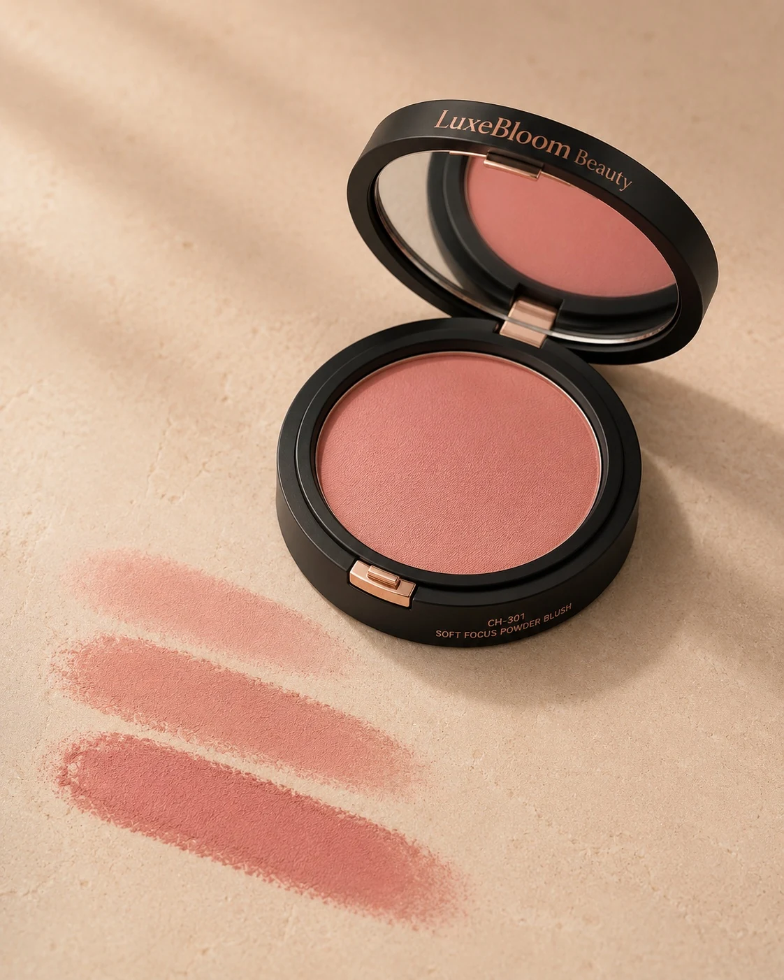 An open compact of Soft Focus Powder Blush, upright, front view on a pale sand background.