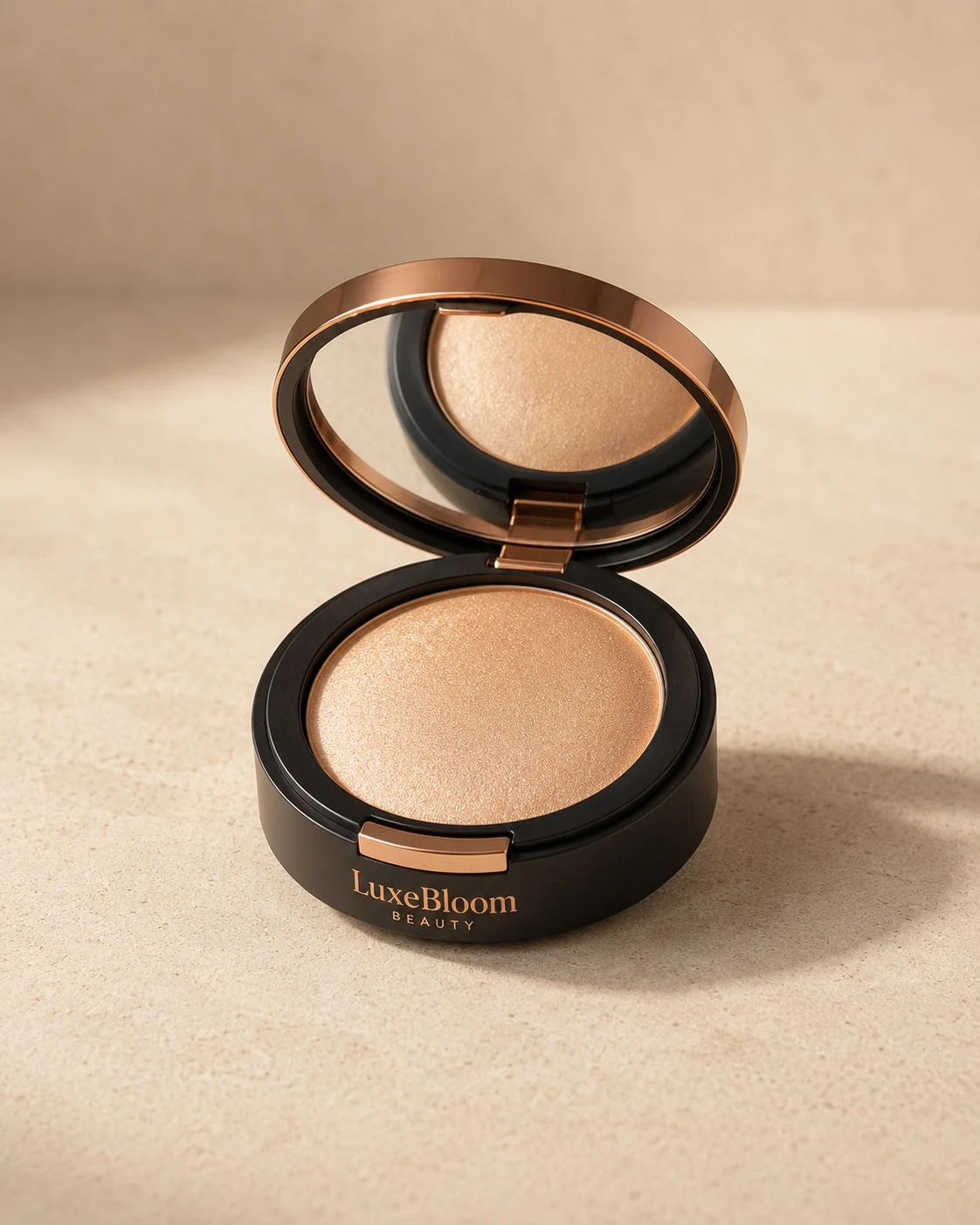 An open compact of Sunlit Highlighter, upright, front view on a pale sand background.